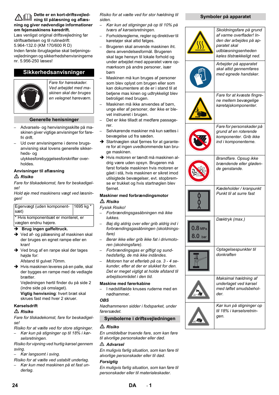 Dansk, Sikkerhedsanvisninger | Karcher KM 170-600 D User Manual | Page 24 / 92