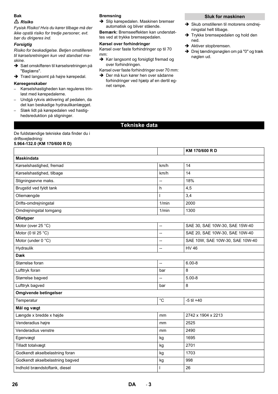 Tekniske data | Karcher KM 170-600 D User Manual | Page 26 / 92