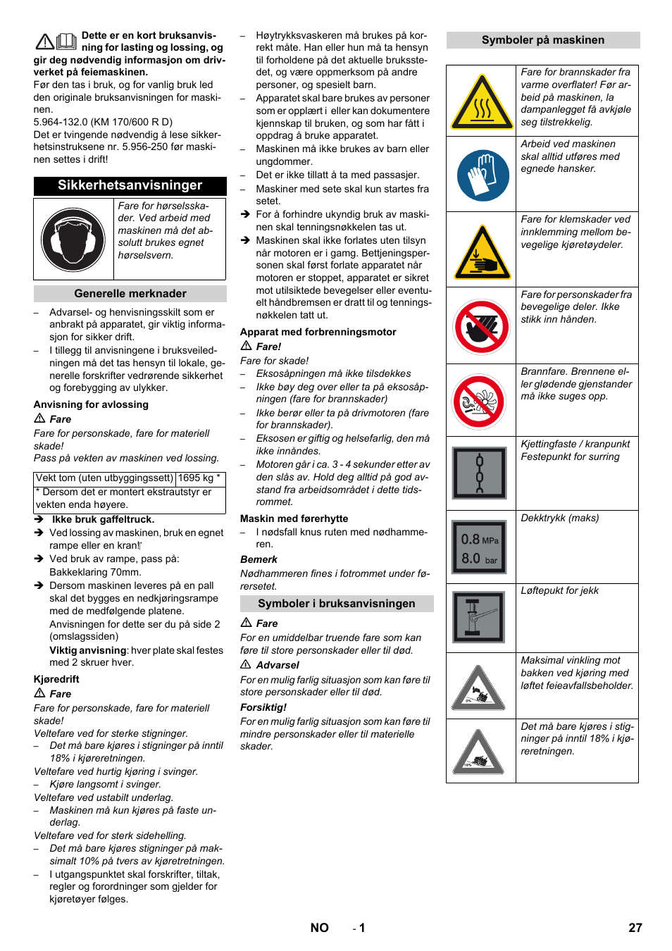Norsk, Sikkerhetsanvisninger | Karcher KM 170-600 D User Manual | Page 27 / 92
