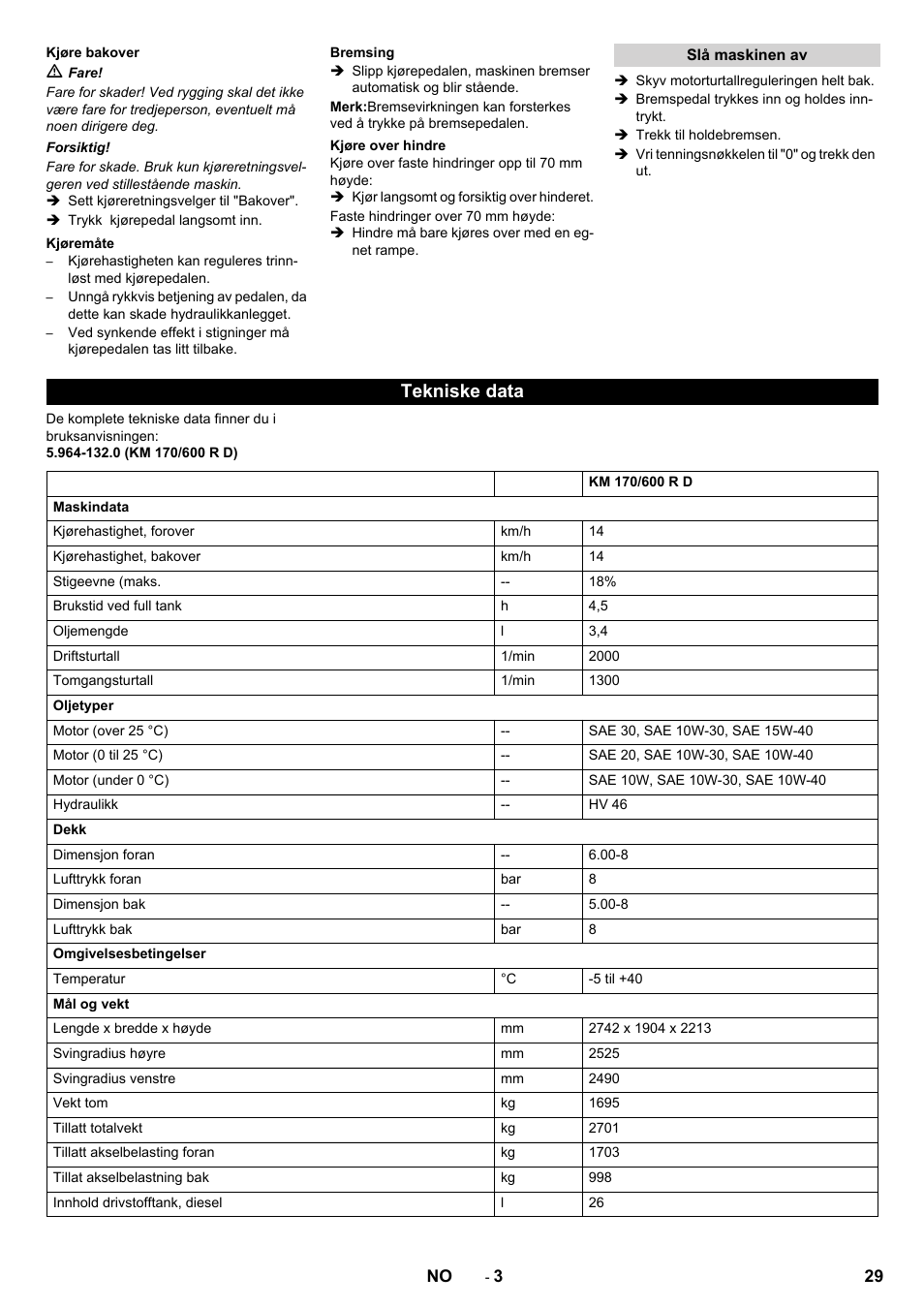 Tekniske data | Karcher KM 170-600 D User Manual | Page 29 / 92