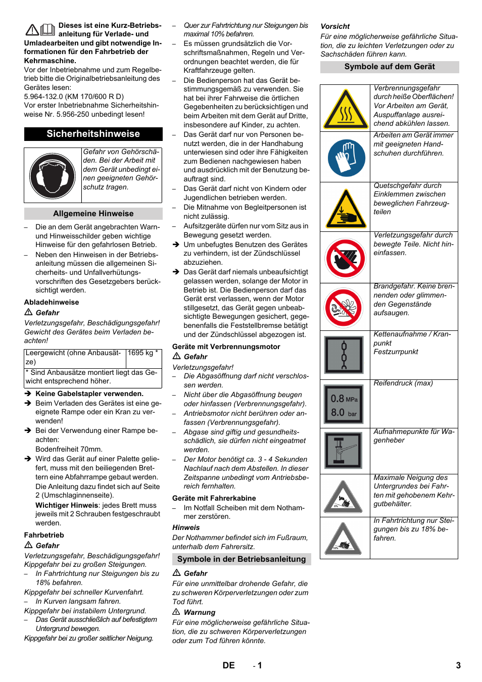 Deutsch, Sicherheitshinweise | Karcher KM 170-600 D User Manual | Page 3 / 92