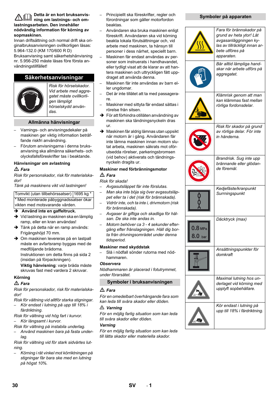 Svenska, Säkerhetsanvisningar | Karcher KM 170-600 D User Manual | Page 30 / 92