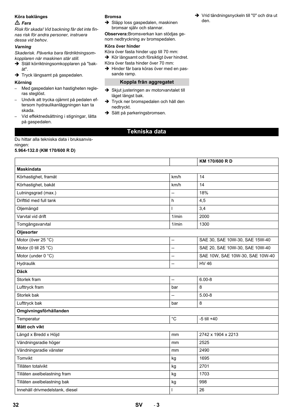 Tekniska data | Karcher KM 170-600 D User Manual | Page 32 / 92