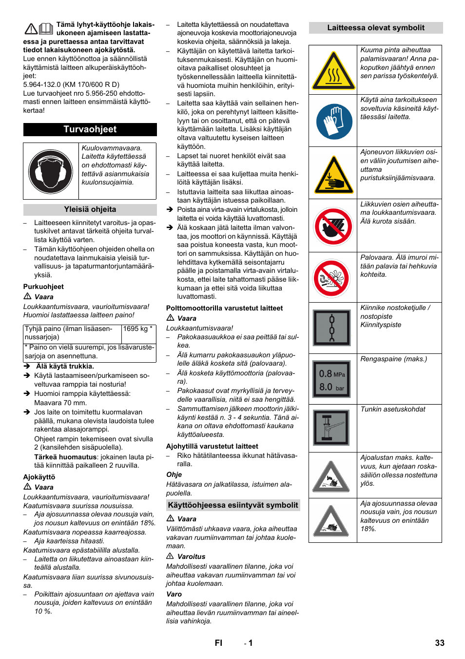 Suomi, Turvaohjeet | Karcher KM 170-600 D User Manual | Page 33 / 92