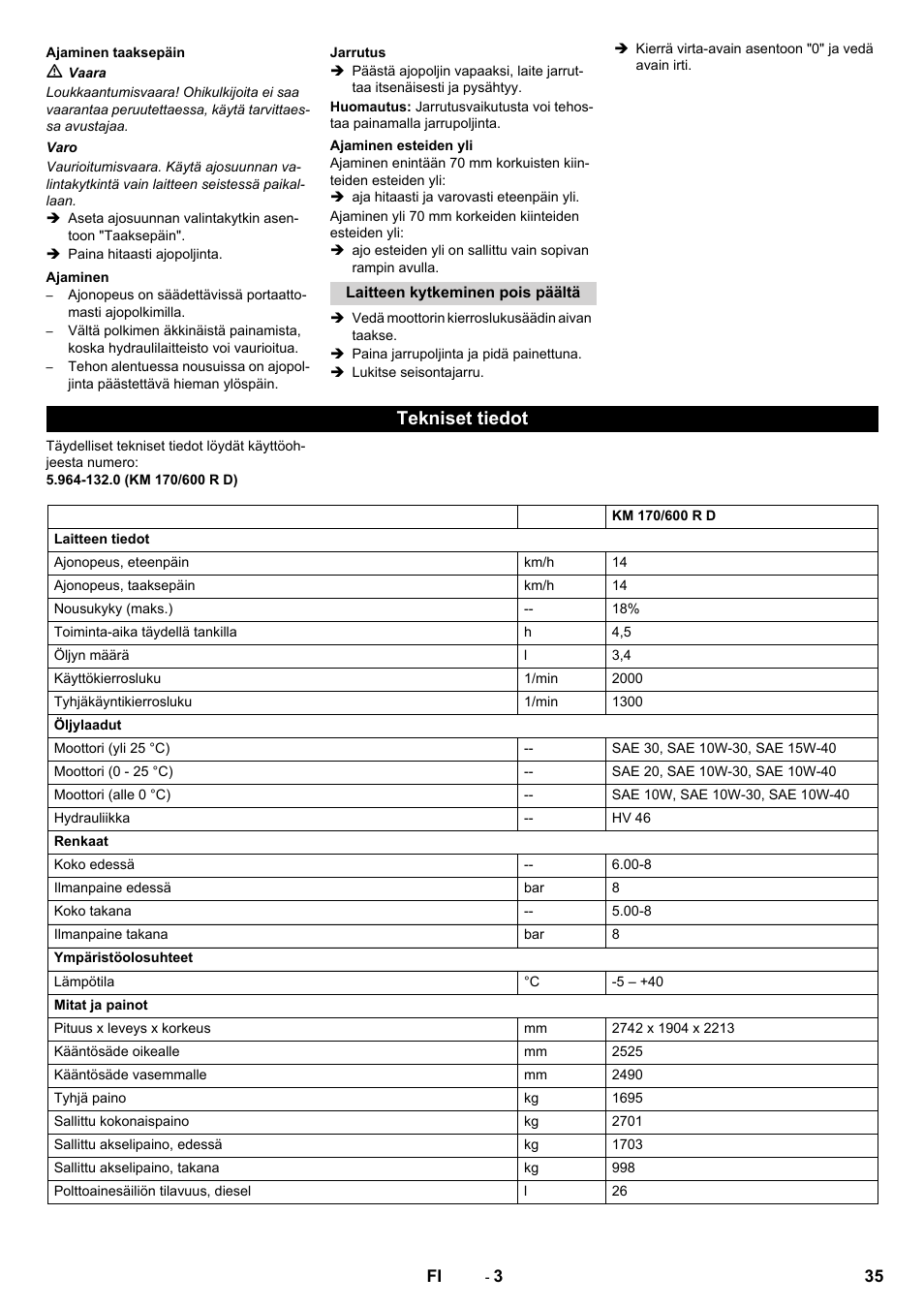 Tekniset tiedot | Karcher KM 170-600 D User Manual | Page 35 / 92
