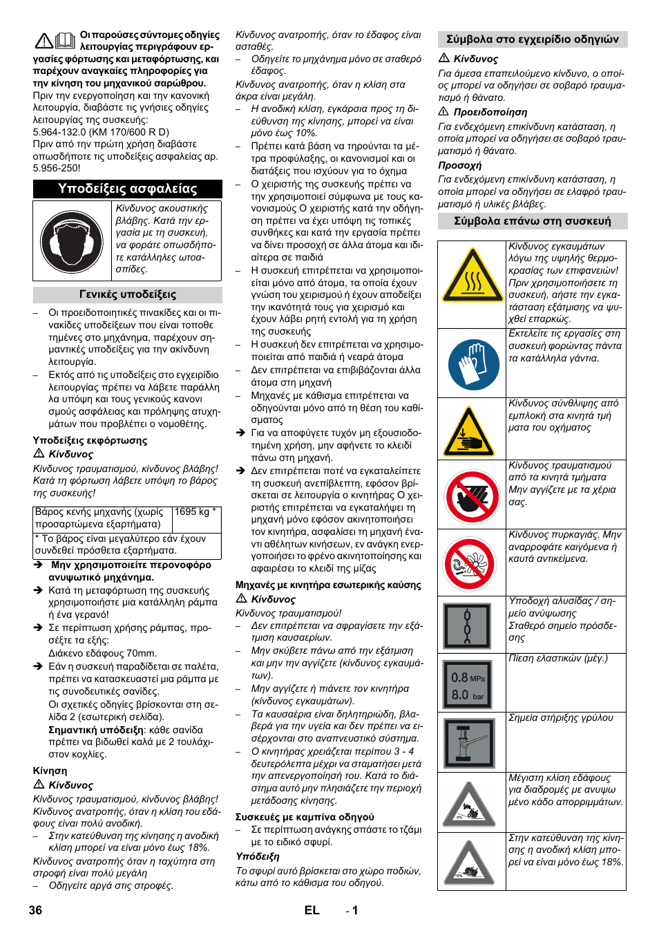Ελληνικά, Υποδείξεις ασφαλείας | Karcher KM 170-600 D User Manual | Page 36 / 92