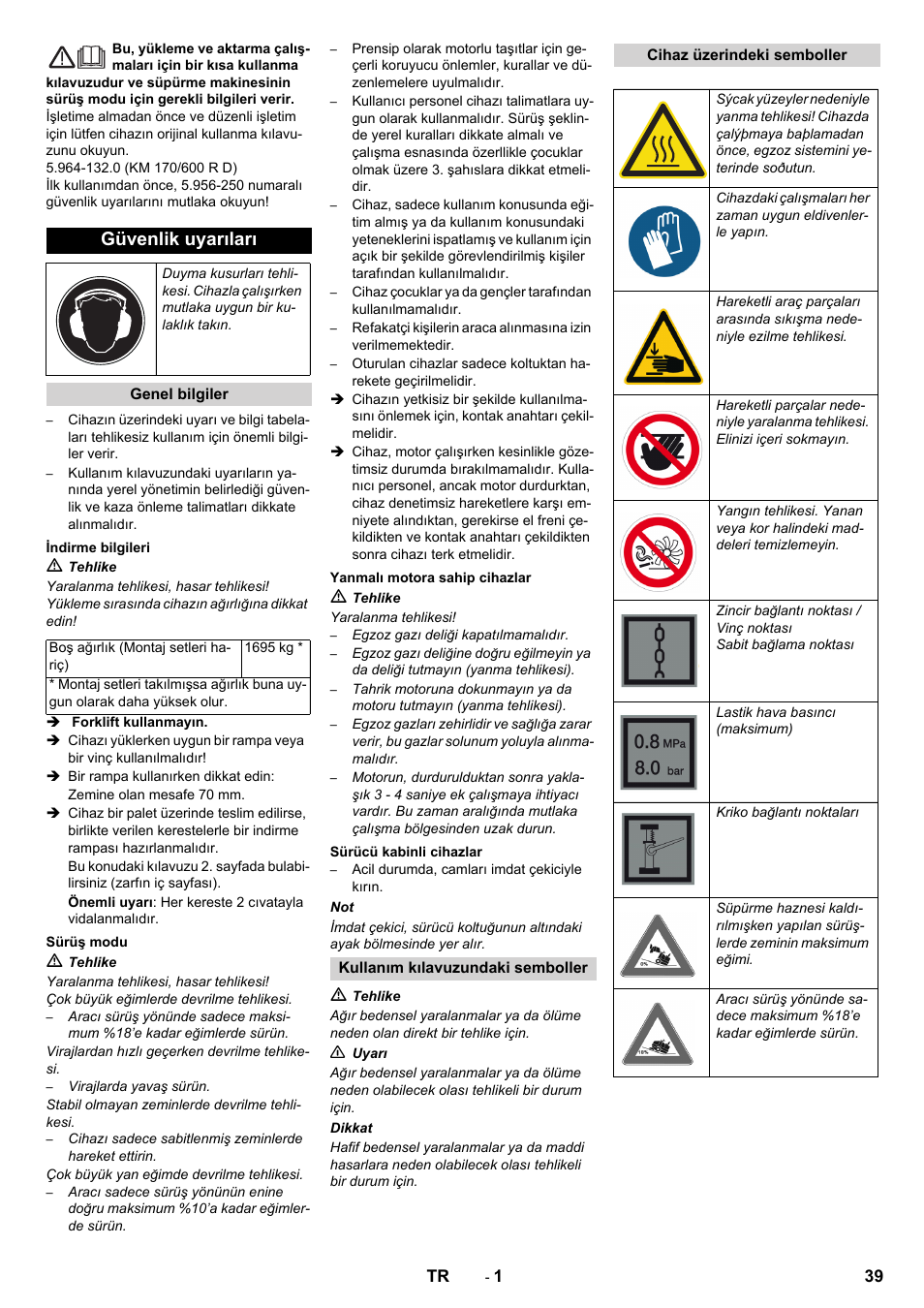 Türkçe, Güvenlik uyarıları | Karcher KM 170-600 D User Manual | Page 39 / 92