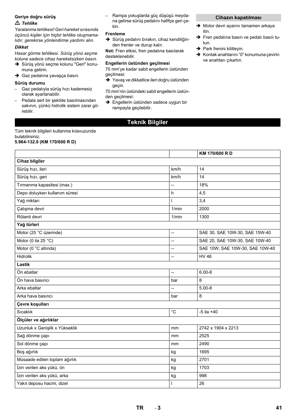 Teknik bilgiler | Karcher KM 170-600 D User Manual | Page 41 / 92