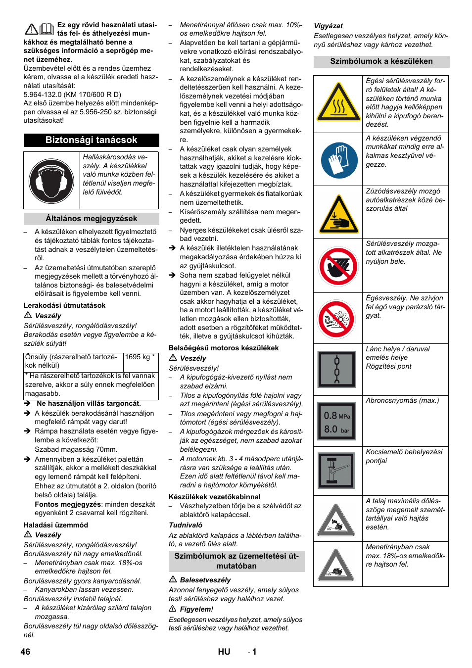 Magyar, Biztonsági tanácsok | Karcher KM 170-600 D User Manual | Page 46 / 92