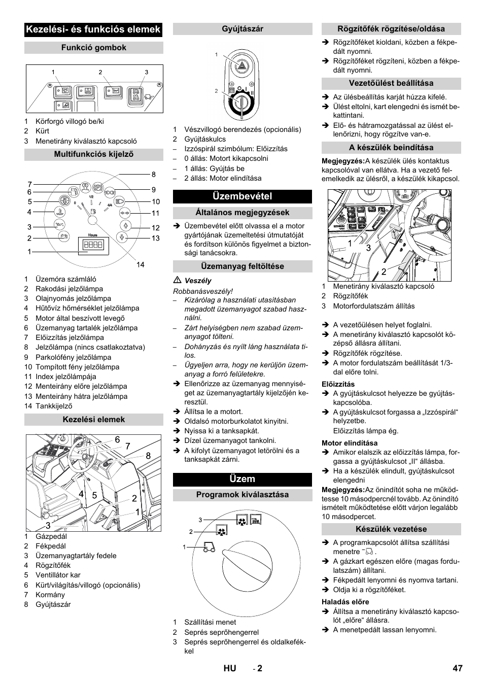 Kezelési- és funkciós elemek, Üzembevétel, Üzem | Karcher KM 170-600 D User Manual | Page 47 / 92
