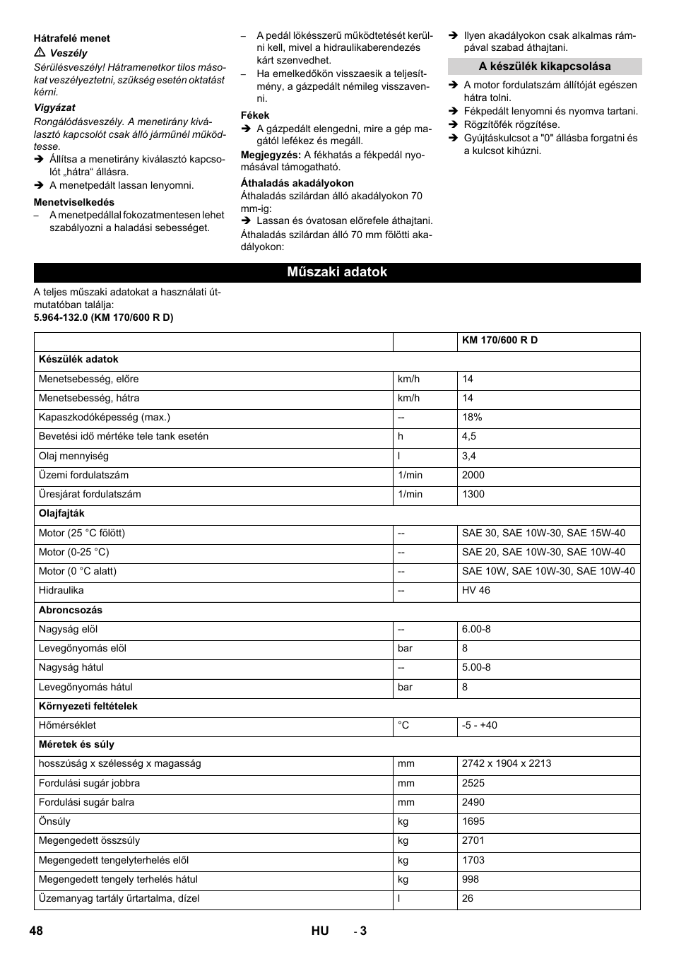 Műszaki adatok | Karcher KM 170-600 D User Manual | Page 48 / 92