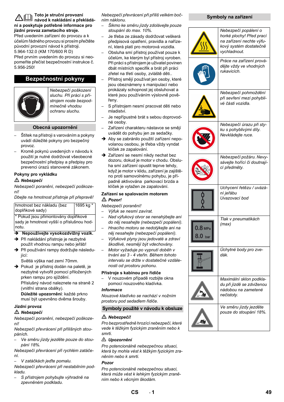 Čeština, Eština, Bezpečnostní pokyny | Karcher KM 170-600 D User Manual | Page 49 / 92