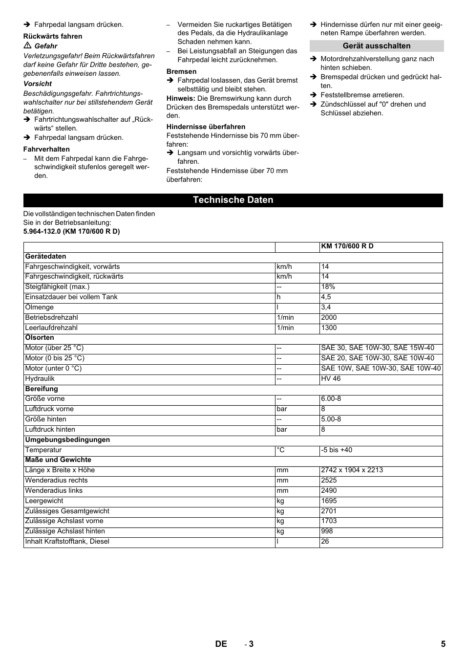 Technische daten | Karcher KM 170-600 D User Manual | Page 5 / 92