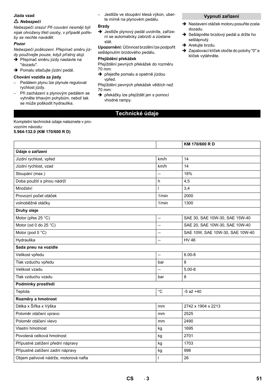 Technické údaje | Karcher KM 170-600 D User Manual | Page 51 / 92
