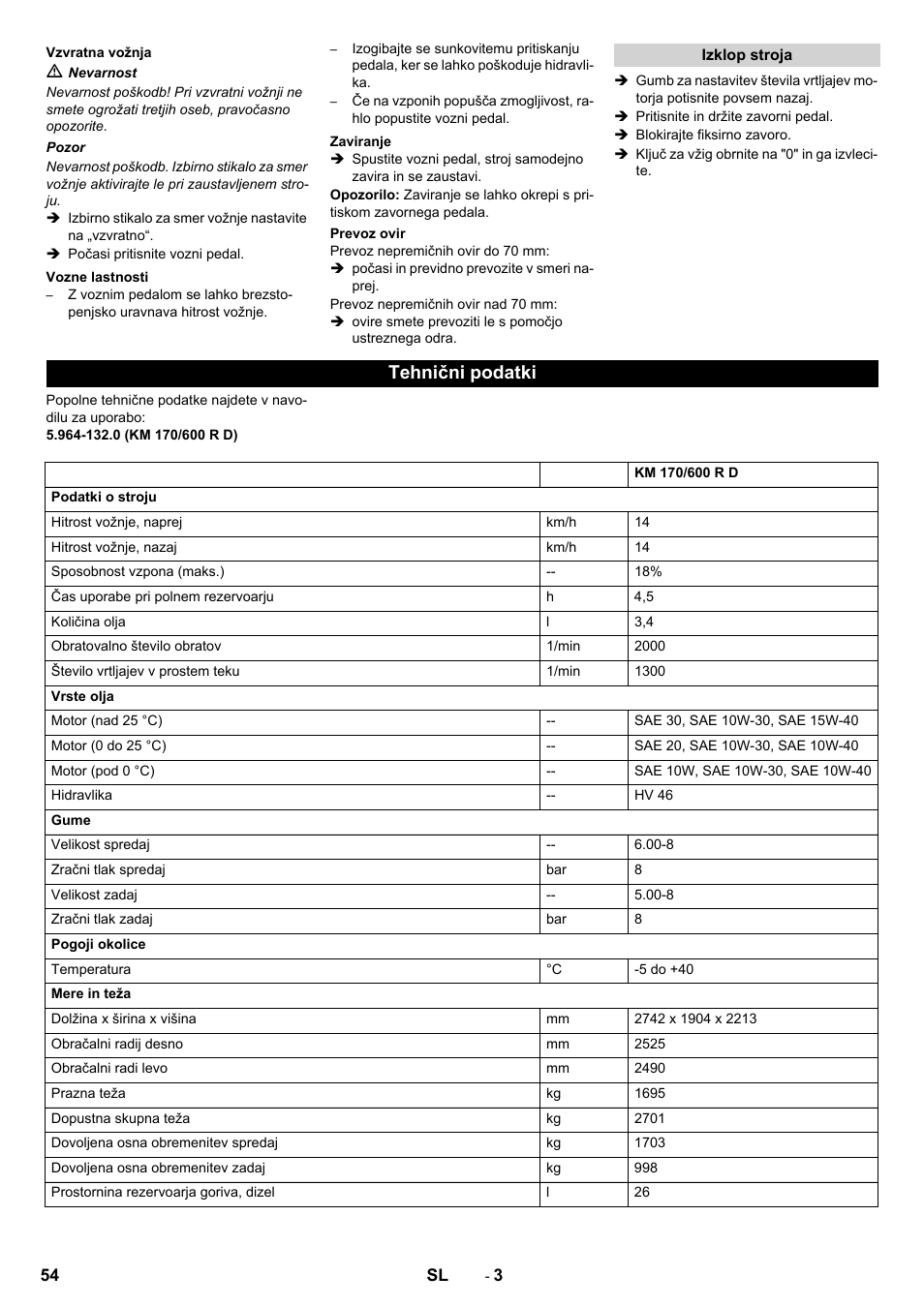 Tehnični podatki | Karcher KM 170-600 D User Manual | Page 54 / 92