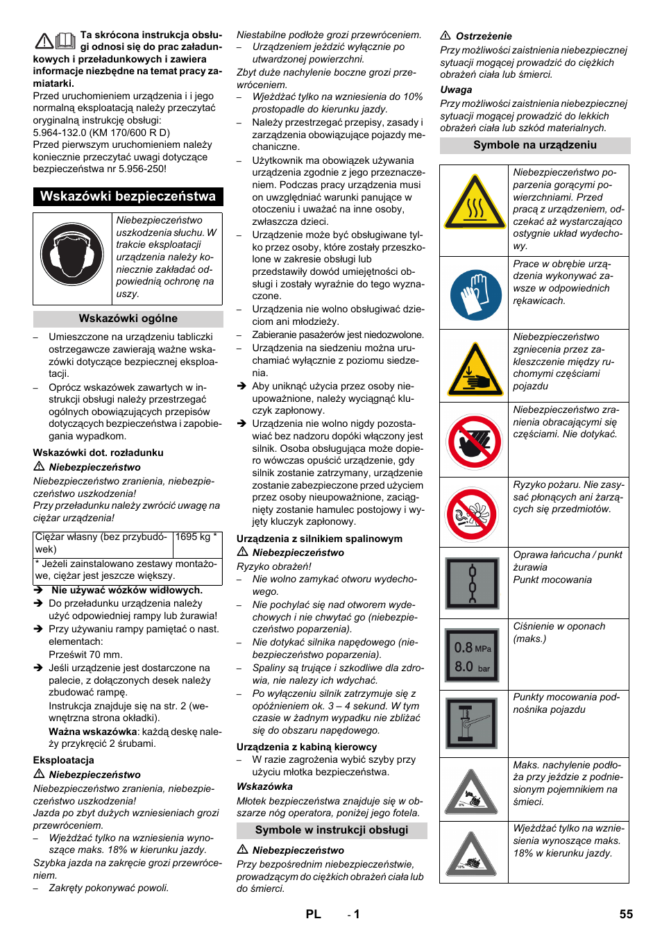 Polski, Wskazówki bezpieczeństwa | Karcher KM 170-600 D User Manual | Page 55 / 92