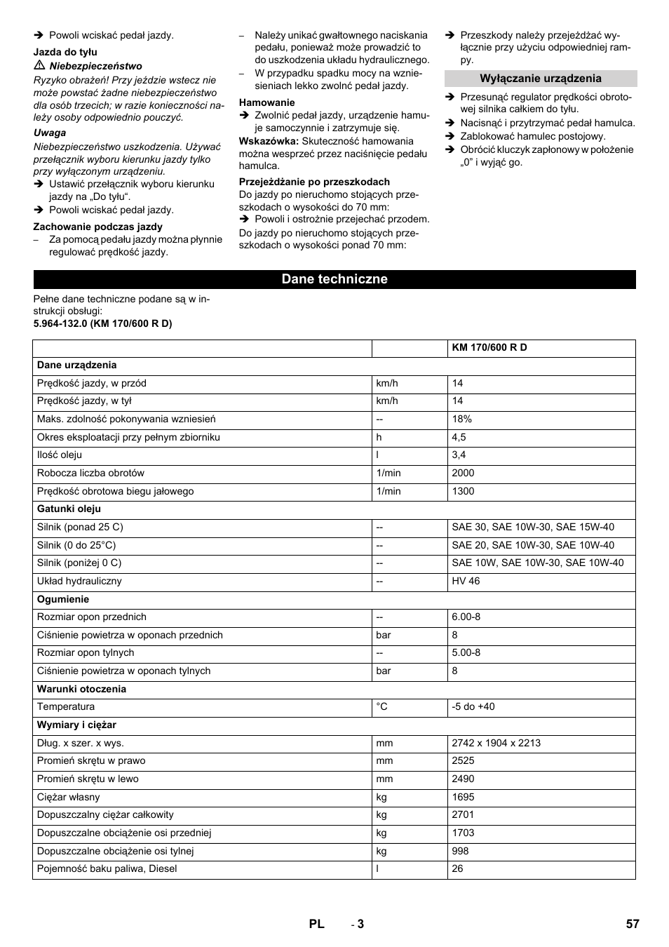 Dane techniczne | Karcher KM 170-600 D User Manual | Page 57 / 92