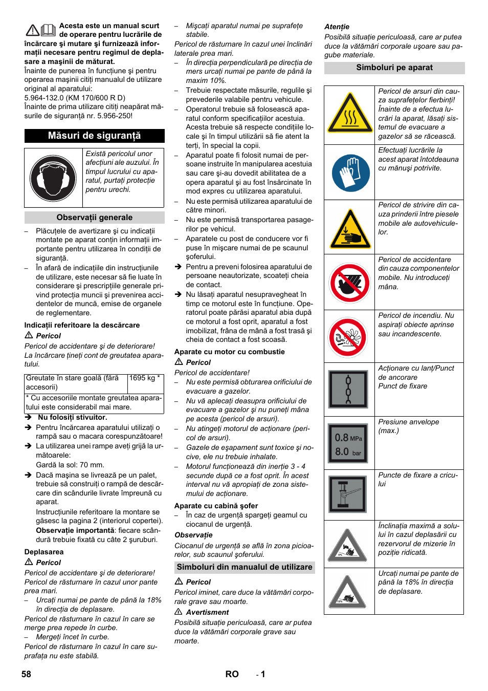Româneşte, Românete, Măsuri de siguranţă | Karcher KM 170-600 D User Manual | Page 58 / 92