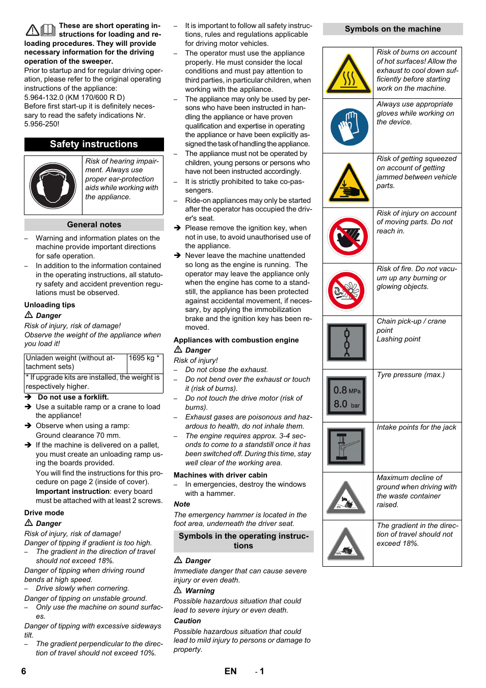 English, Safety instructions | Karcher KM 170-600 D User Manual | Page 6 / 92