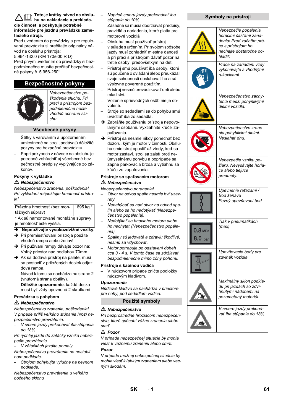 Slovenčina, Slovenina, Bezpečnostné pokyny | Karcher KM 170-600 D User Manual | Page 61 / 92