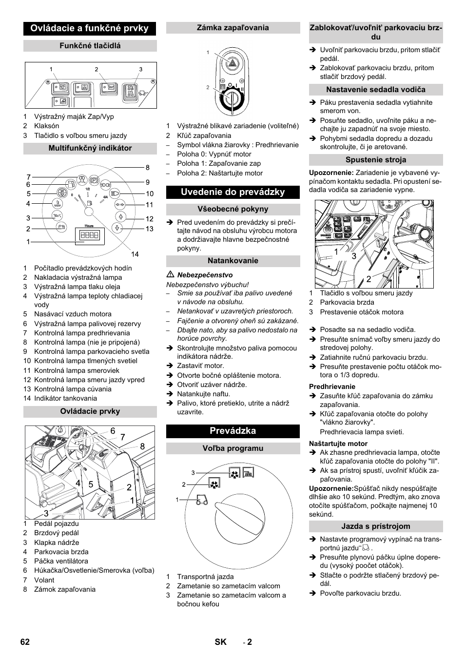 Ovládacie a funkčné prvky, Uvedenie do prevádzky, Prevádzka | Karcher KM 170-600 D User Manual | Page 62 / 92