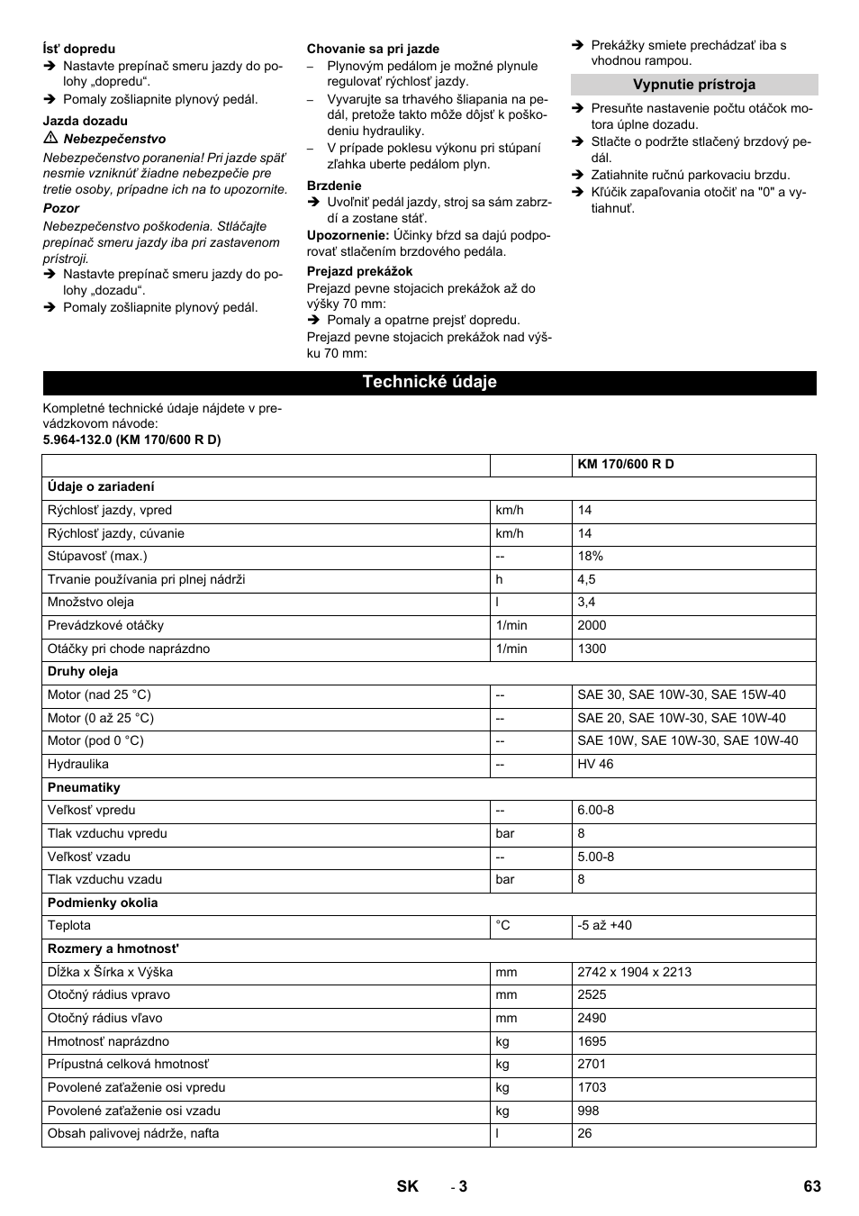 Technické údaje | Karcher KM 170-600 D User Manual | Page 63 / 92