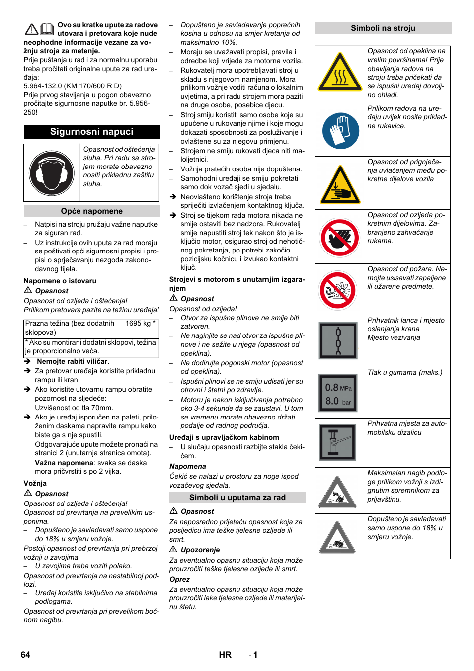 Hrvatski, Sigurnosni napuci | Karcher KM 170-600 D User Manual | Page 64 / 92