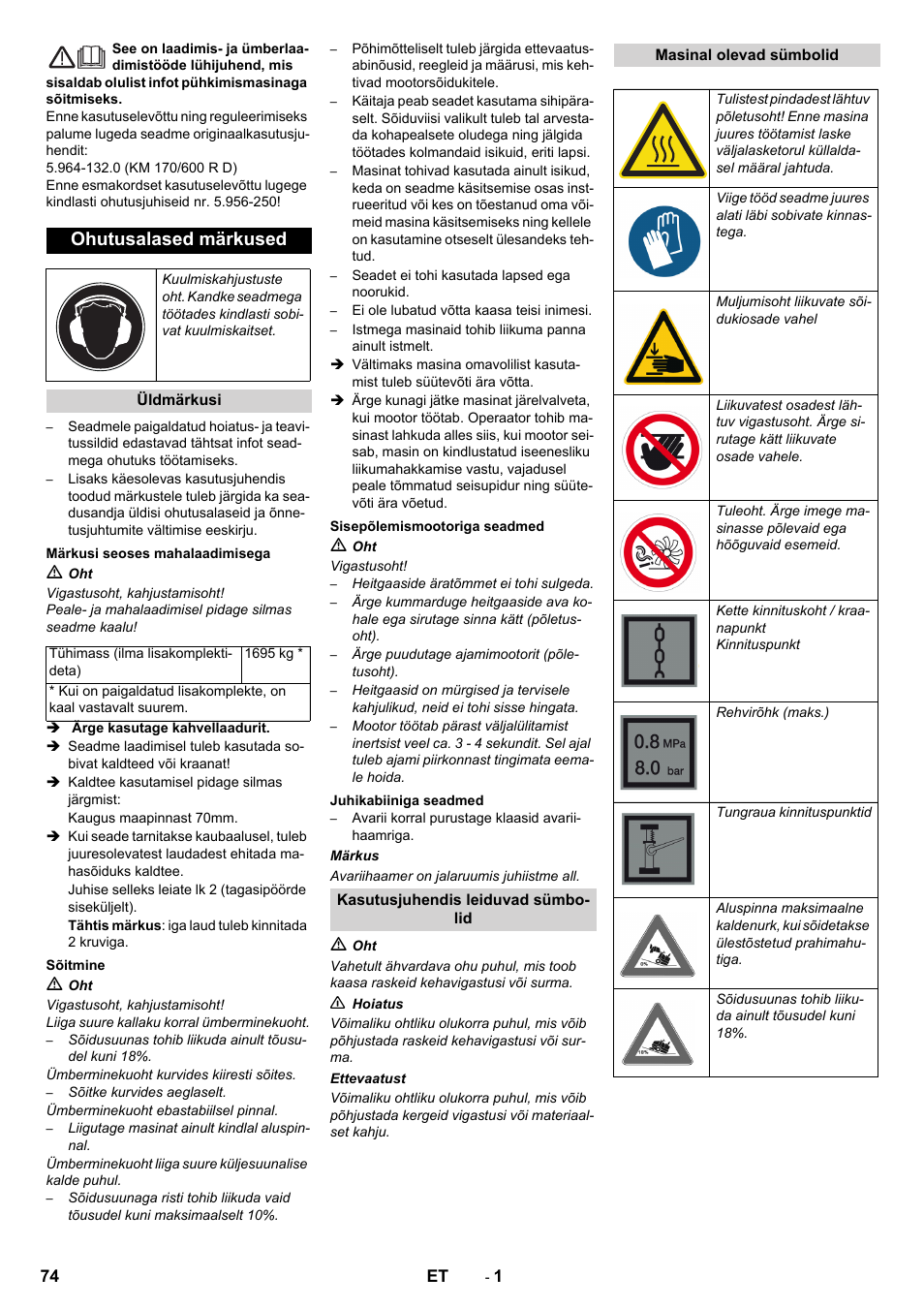 Eesti, Ohutusalased märkused | Karcher KM 170-600 D User Manual | Page 74 / 92