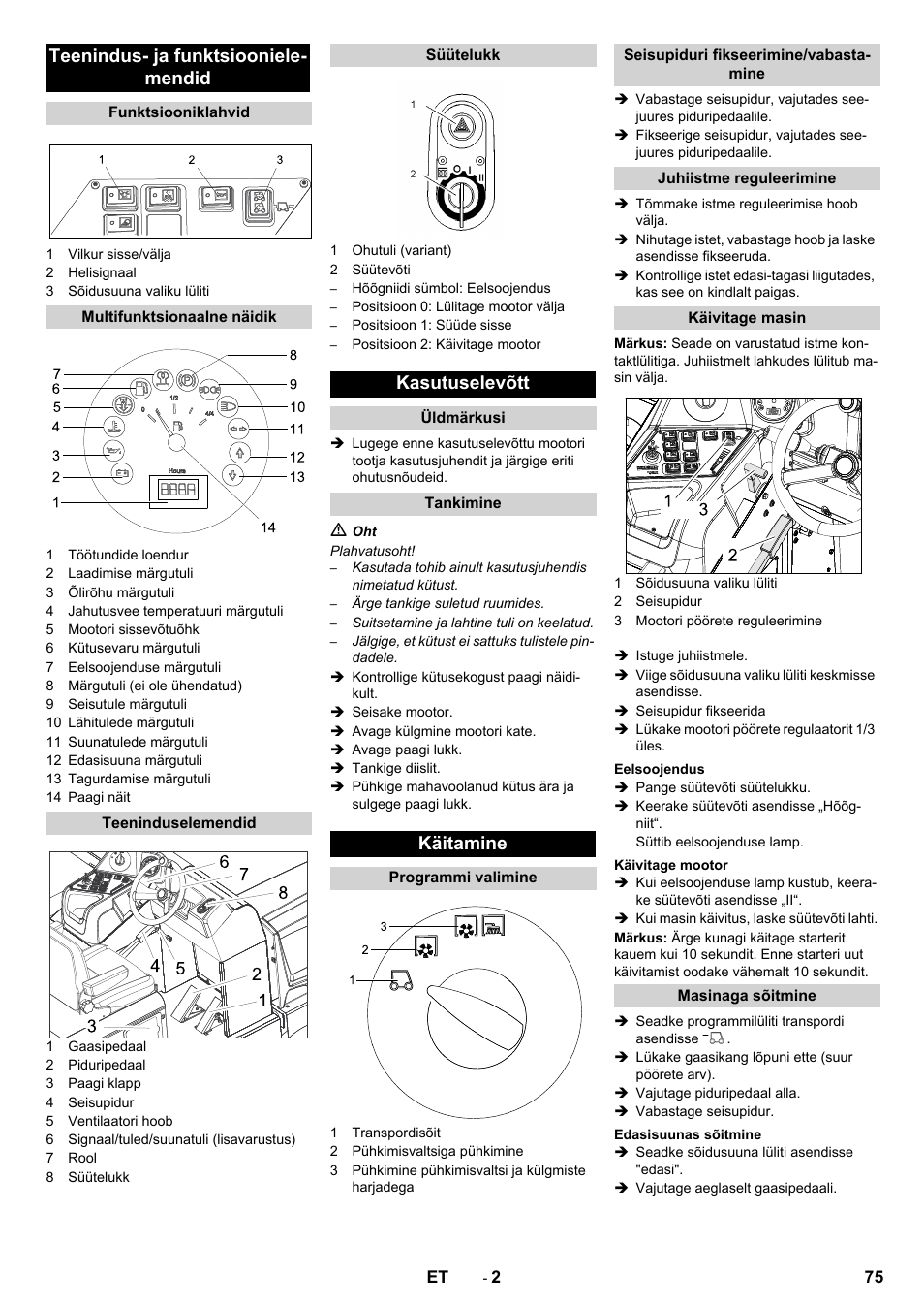 Teenindus- ja funktsiooniele- mendid, Kasutuselevõtt, Käitamine | Karcher KM 170-600 D User Manual | Page 75 / 92