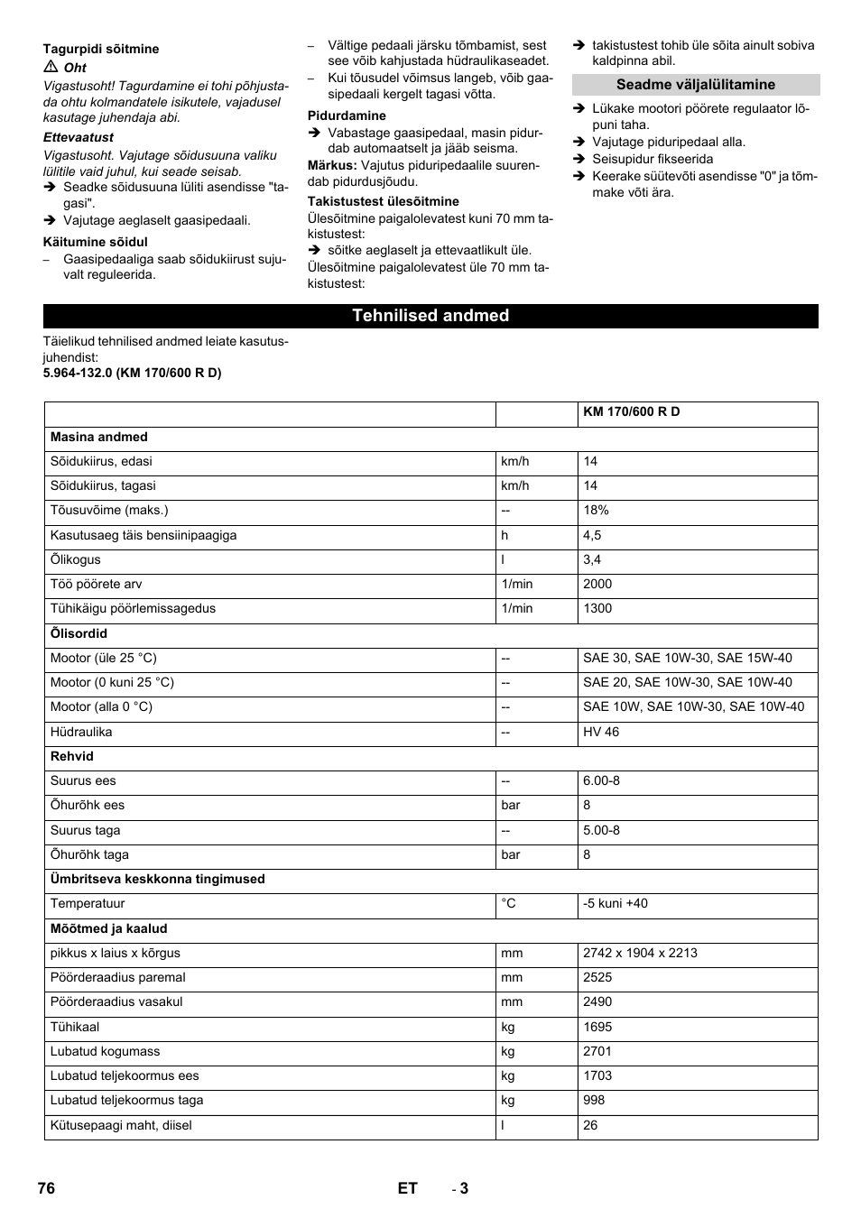 Tehnilised andmed | Karcher KM 170-600 D User Manual | Page 76 / 92
