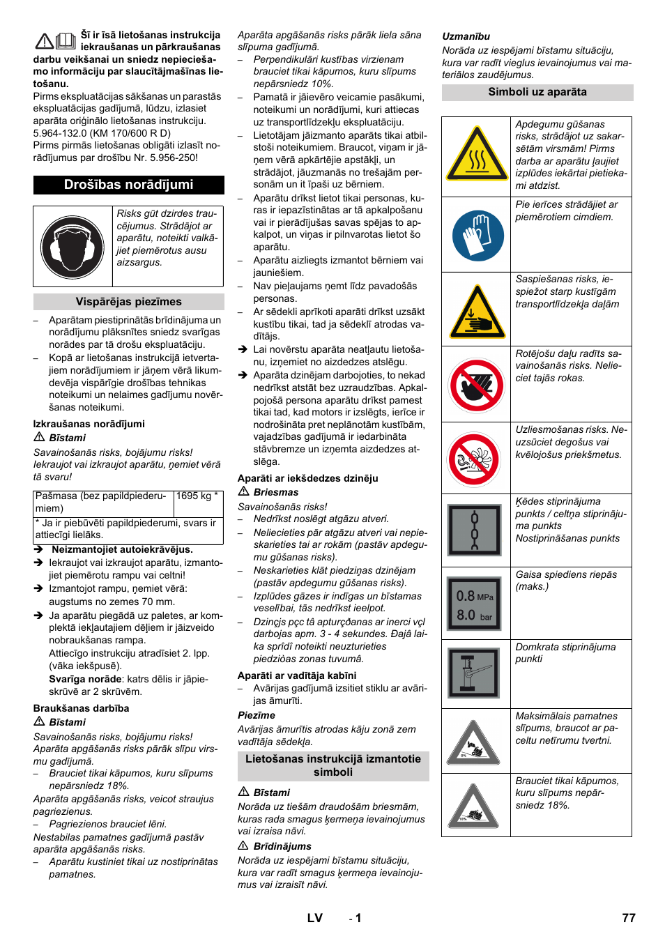 Latviešu, Drošības norādījumi | Karcher KM 170-600 D User Manual | Page 77 / 92