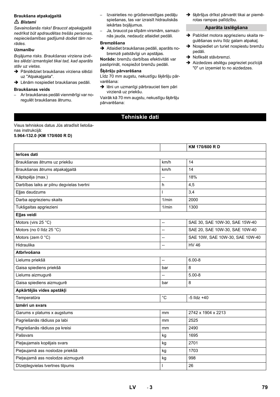 Tehniskie dati | Karcher KM 170-600 D User Manual | Page 79 / 92