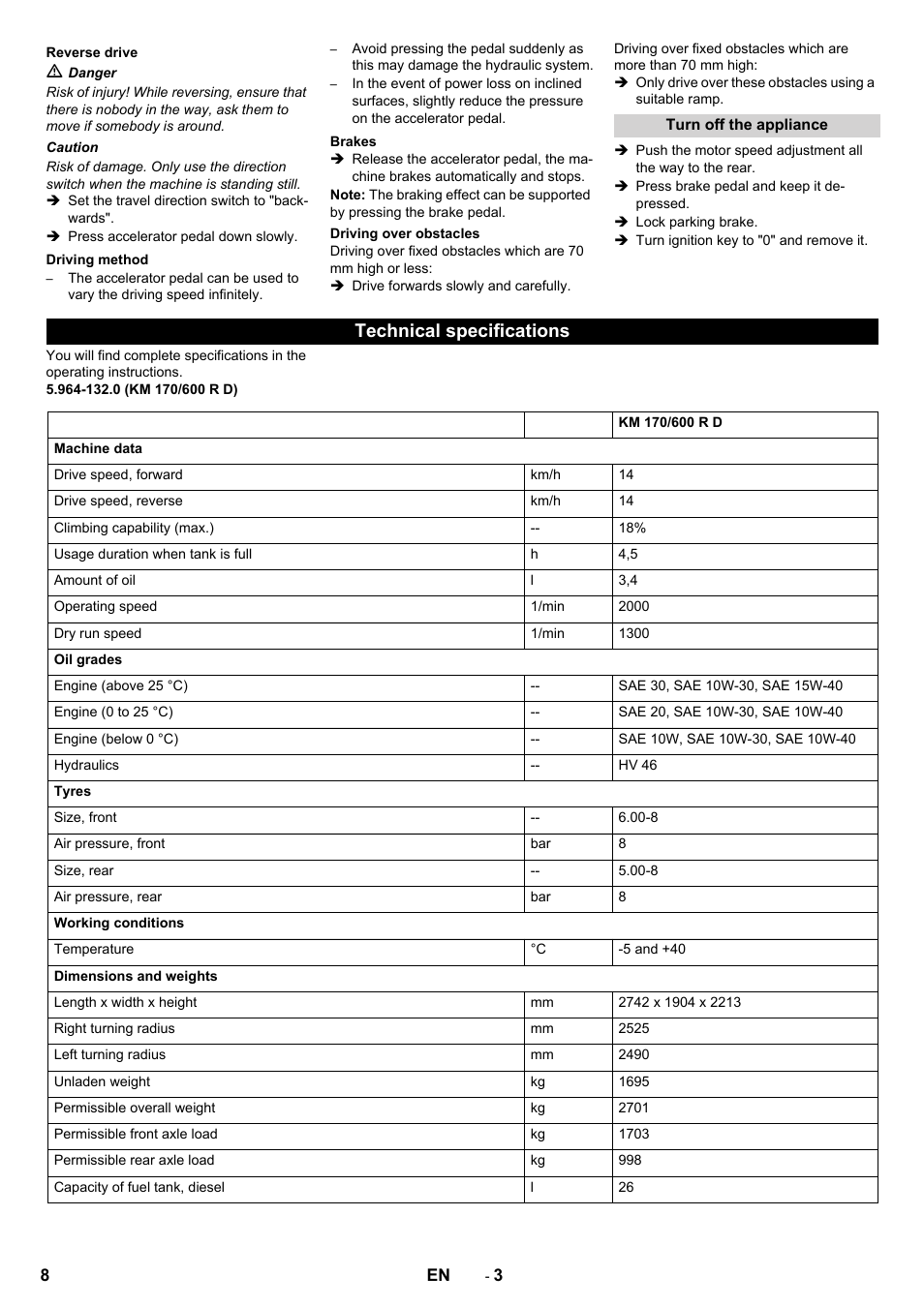 Technical specifications | Karcher KM 170-600 D User Manual | Page 8 / 92