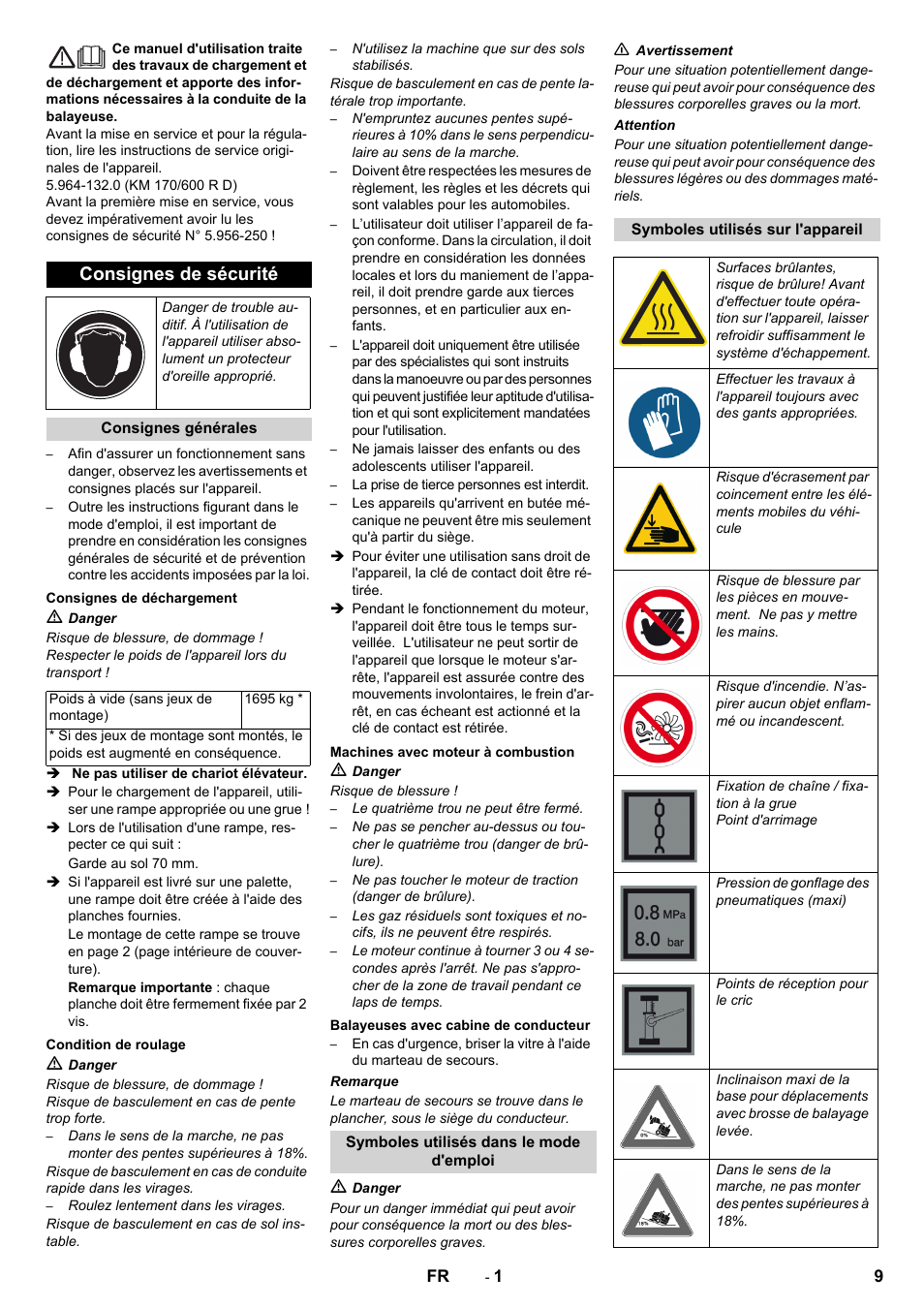 Français, Consignes de sécurité | Karcher KM 170-600 D User Manual | Page 9 / 92