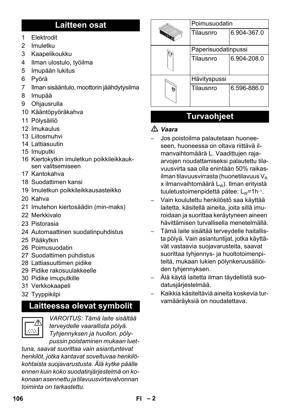 Laitteen osat laitteessa olevat symbolit, Turvaohjeet | Karcher NT 45-1 Tact Te M User Manual | Page 106 / 284