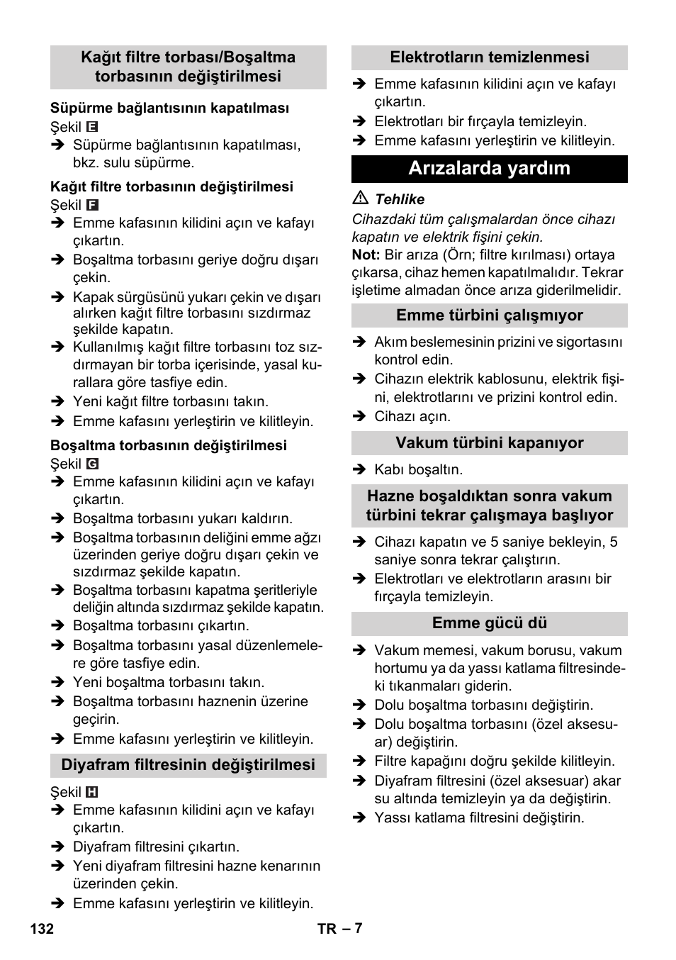 Arızalarda yardım | Karcher NT 45-1 Tact Te M User Manual | Page 132 / 284