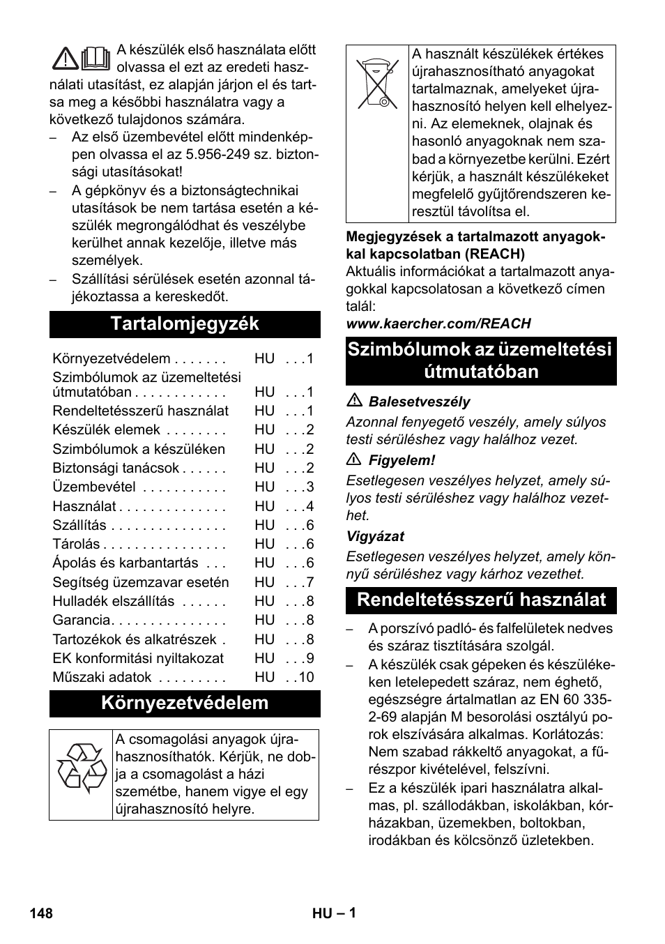 Magyar, Tartalomjegyzék, Környezetvédelem | Karcher NT 45-1 Tact Te M User Manual | Page 148 / 284