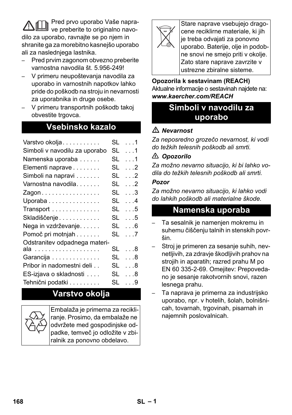 Slovenščina, Vsebinsko kazalo, Varstvo okolja | Simboli v navodilu za uporabo namenska uporaba | Karcher NT 45-1 Tact Te M User Manual | Page 168 / 284