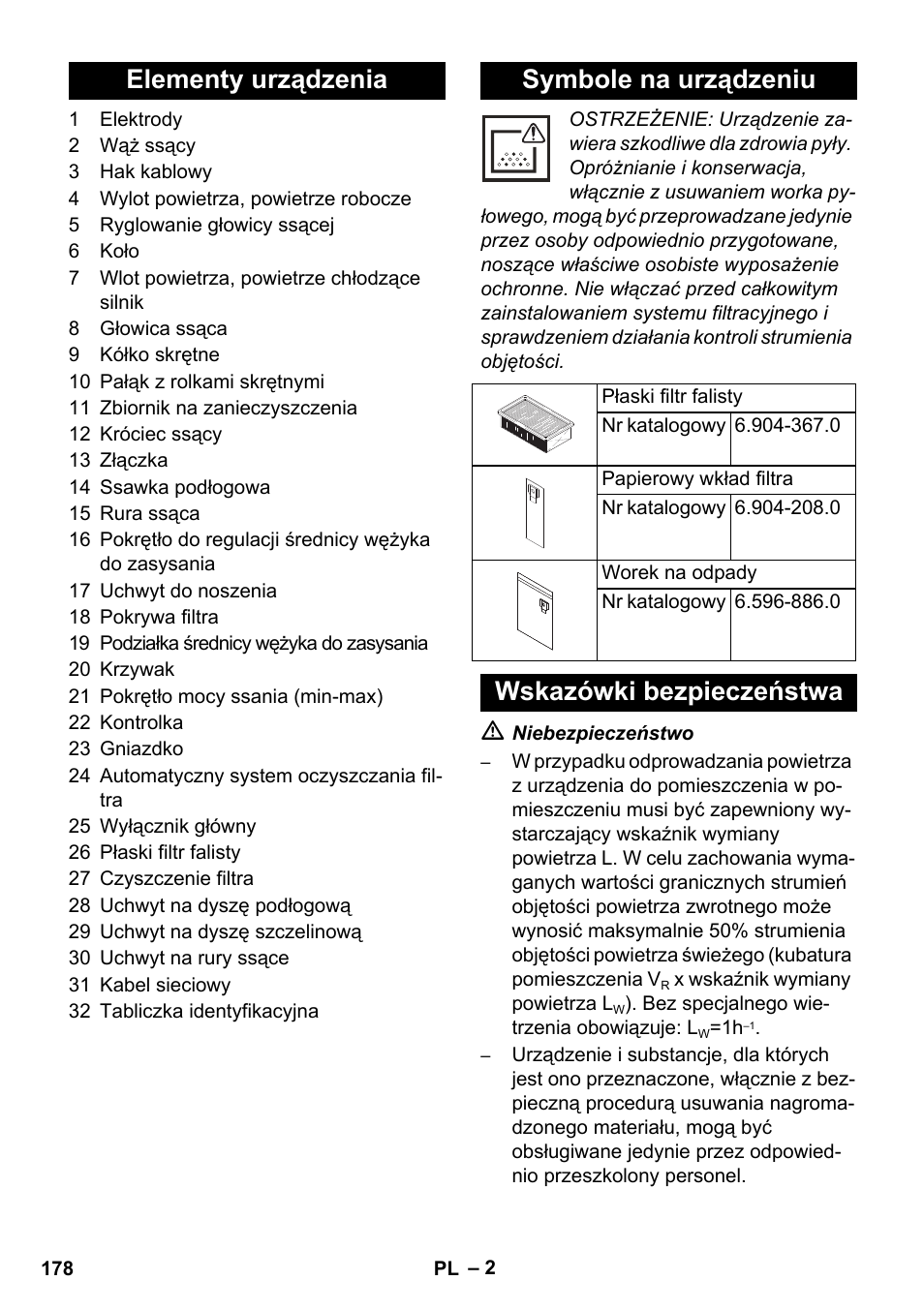 Elementy urządzenia symbole na urządzeniu, Wskazówki bezpieczeństwa | Karcher NT 45-1 Tact Te M User Manual | Page 178 / 284