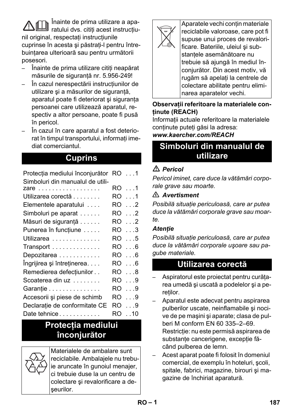 Româneşte, Cuprins, Protecţia mediului înconjurător | Karcher NT 45-1 Tact Te M User Manual | Page 187 / 284