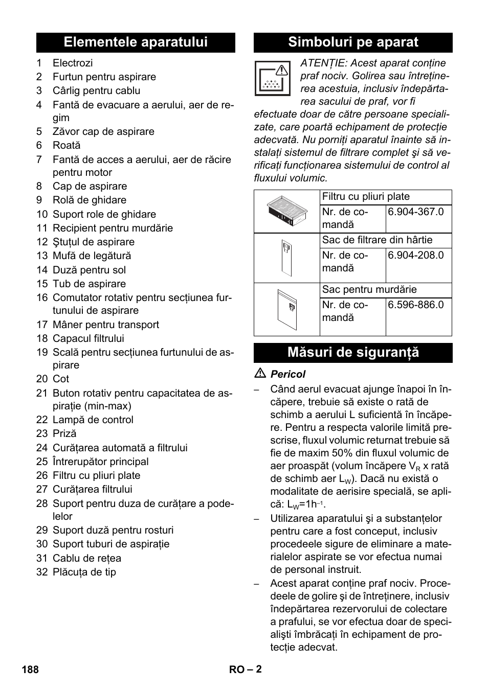 Elementele aparatului simboluri pe aparat, Măsuri de siguranţă | Karcher NT 45-1 Tact Te M User Manual | Page 188 / 284