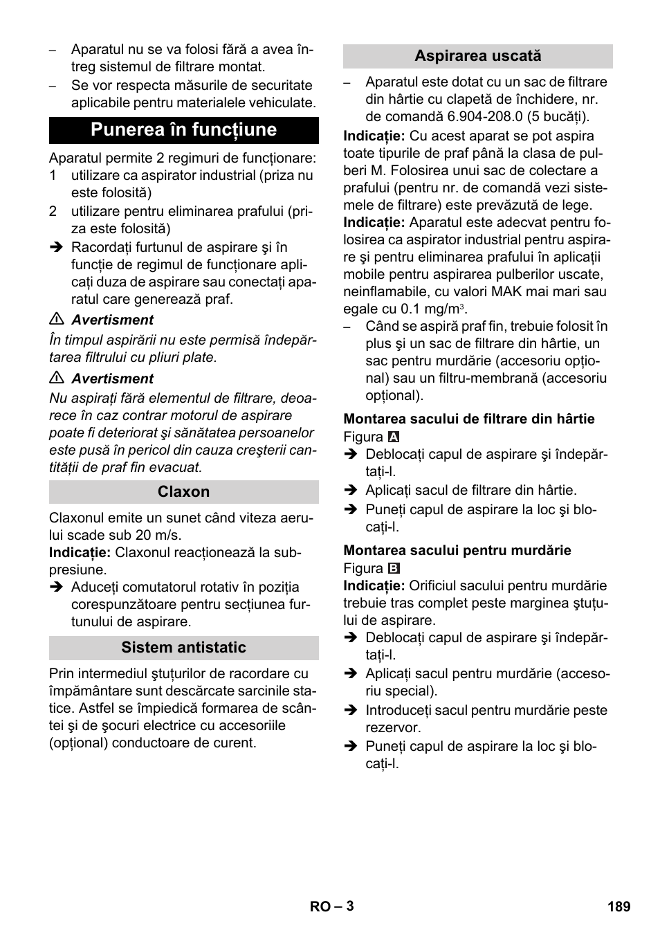 Punerea în funcţiune | Karcher NT 45-1 Tact Te M User Manual | Page 189 / 284