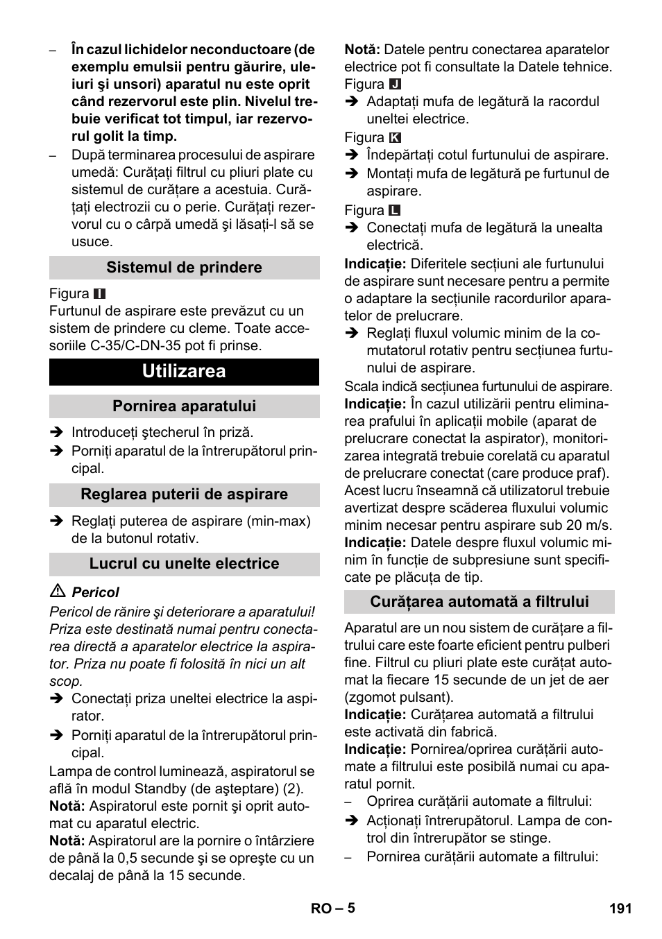 Utilizarea | Karcher NT 45-1 Tact Te M User Manual | Page 191 / 284