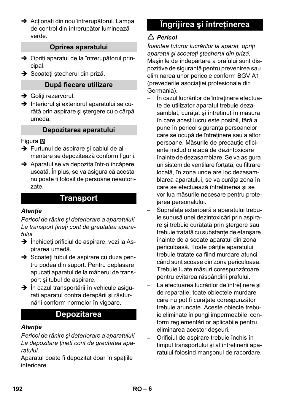 Transport depozitarea îngrijirea şi întreţinerea | Karcher NT 45-1 Tact Te M User Manual | Page 192 / 284