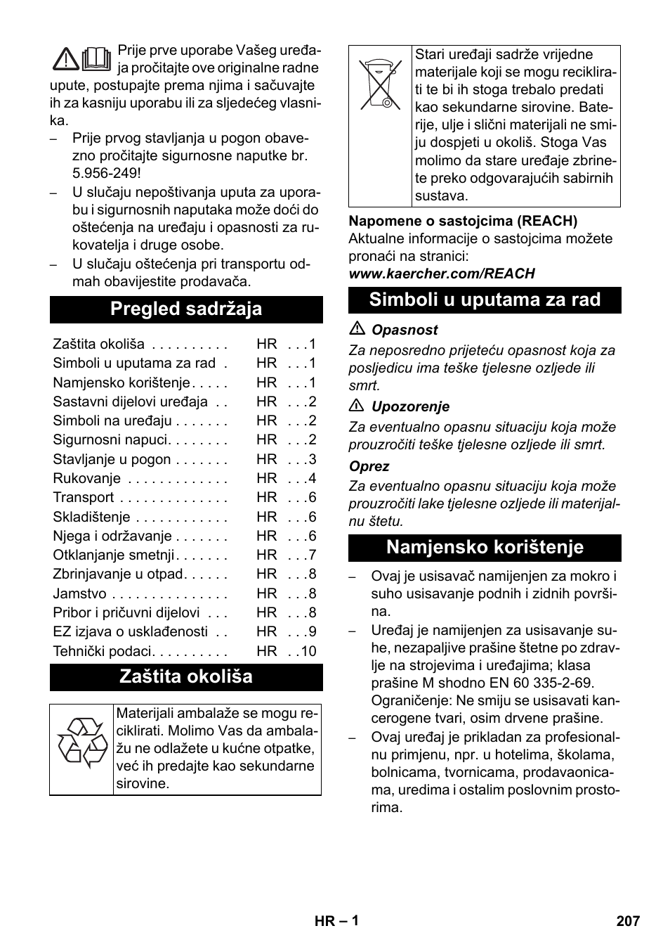 Hrvatski, Pregled sadržaja, Zaštita okoliša | Simboli u uputama za rad namjensko korištenje | Karcher NT 45-1 Tact Te M User Manual | Page 207 / 284