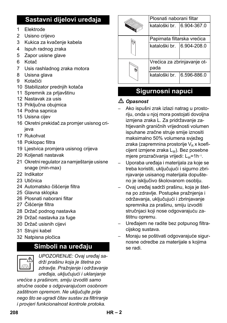 Sastavni dijelovi uređaja simboli na uređaju, Sigurnosni napuci | Karcher NT 45-1 Tact Te M User Manual | Page 208 / 284