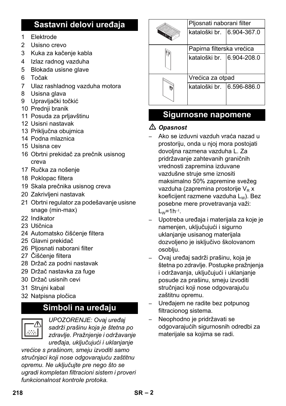 Sastavni delovi uređaja simboli na uređaju, Sigurnosne napomene | Karcher NT 45-1 Tact Te M User Manual | Page 218 / 284