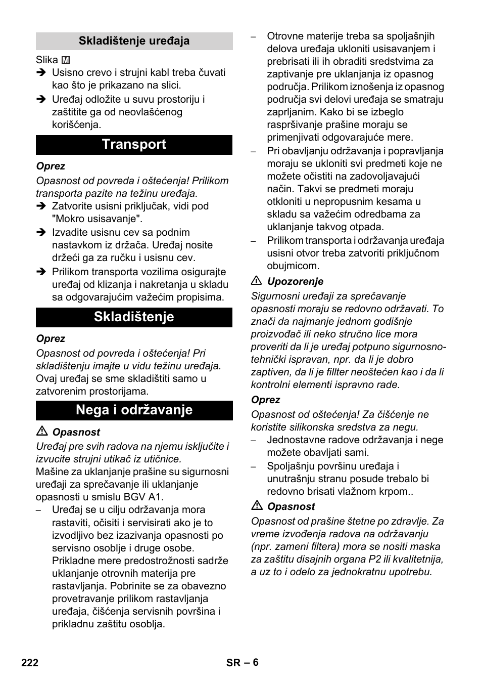 Transport skladištenje nega i održavanje | Karcher NT 45-1 Tact Te M User Manual | Page 222 / 284