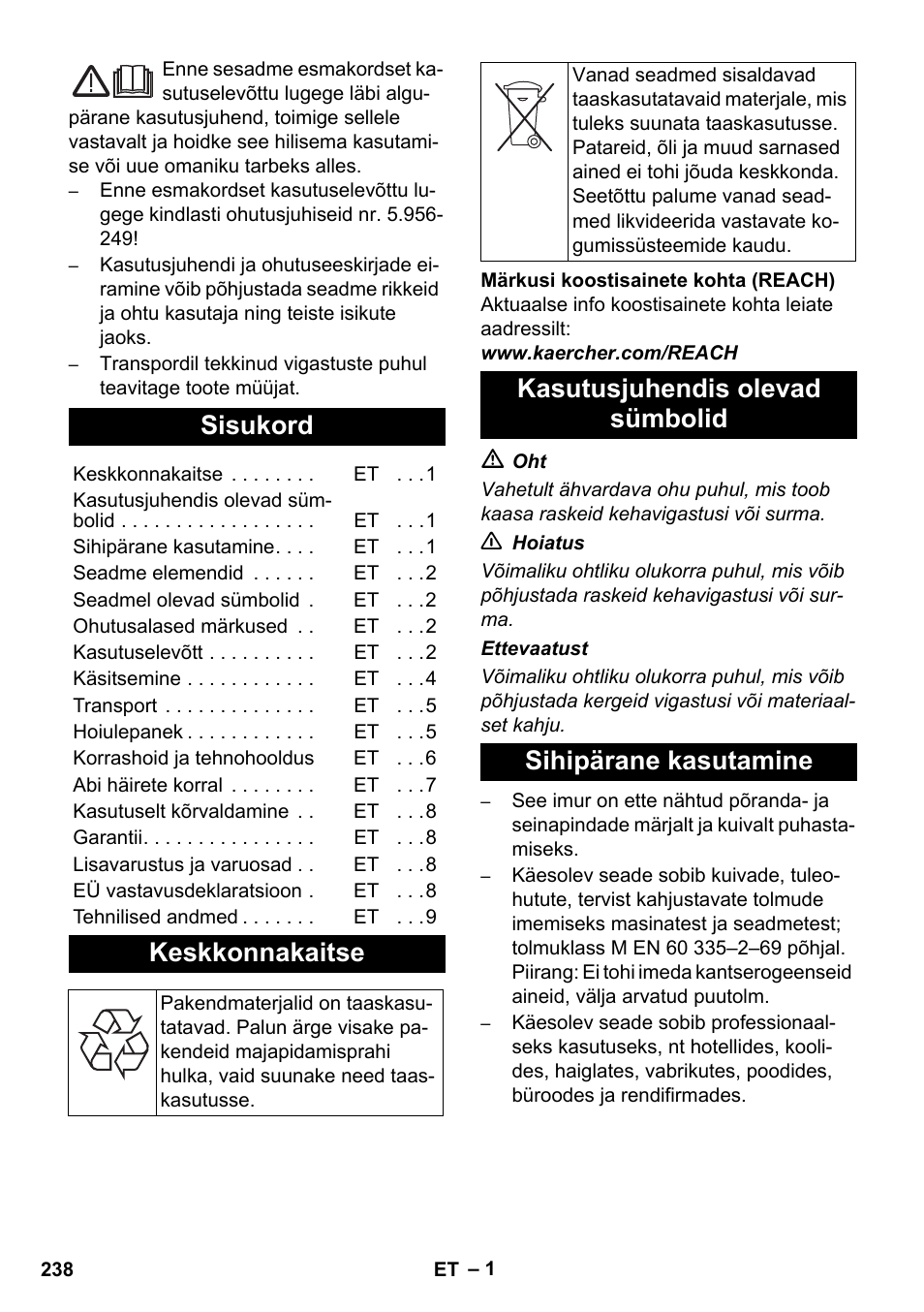 Eesti, Sisukord, Keskkonnakaitse | Karcher NT 45-1 Tact Te M User Manual | Page 238 / 284