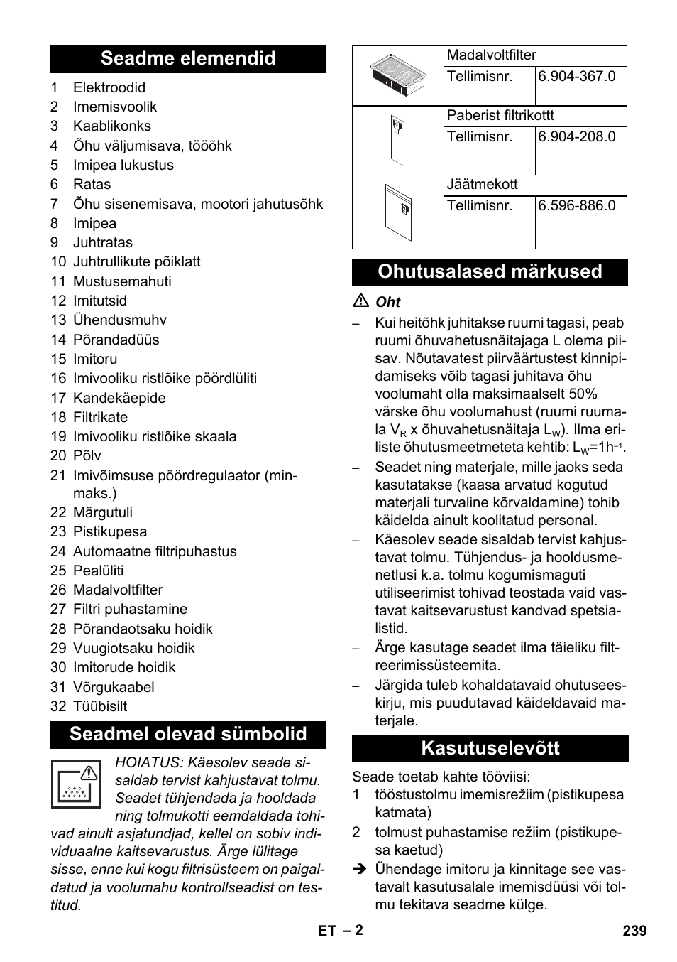 Seadme elemendid seadmel olevad sümbolid, Ohutusalased märkused kasutuselevõtt | Karcher NT 45-1 Tact Te M User Manual | Page 239 / 284